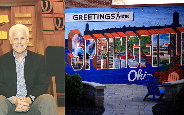 Rabbi Cary Kozberg of Temple Sholom in Springfield, Ohio, in 2016; a mural in Springfield, Sept. 16, 2024. (Courtesy of Dayton Jewish Observer; Luke Sharrett/Getty Images via JTA)