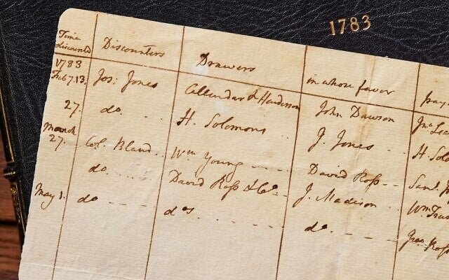 A sheet from early US president James Madison's ledger, containing the name of Haym Salomon, a Sephardic Jewish financier involved in the American Revolution. (Courtesy The Raab Collection) A sheet from early US president James Madison's ledger, containing the name of Haym Salomon, a Sephardic Jewish financier involved in the American Revolution. (Courtesy The Raab Collection)
