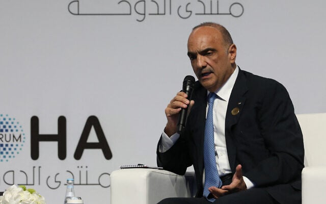 Jordan's Prime Minister Bisher Khasawneh attends a panel discussion during the Doha Forum in the Qatari capital on December 11, 2023. (SALIM MATRAMKOT / AFP) Jordan's Prime Minister Bisher Khasawneh attends a panel discussion during the Doha Forum in the Qatari capital on December 11, 2023. (SALIM MATRAMKOT / AFP)