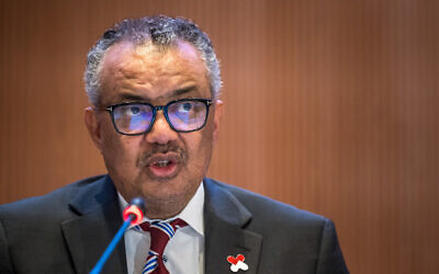 World Health Organization (WHO) Director-General Tedros Adhanom Ghebreyesus delivers his speech on the opening day of the 77th World Health Assembly, in Geneva on May 27, 2024. (Fabrice COFFRINI / AFP)