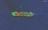 This handout satellite image taken on August 29, 2024, and released by Maxar Technologies, shows fire on the deck of the Greek-flagged oil tanker Sounion, located in the Red Sea. (Maxar Technologies / AFP)