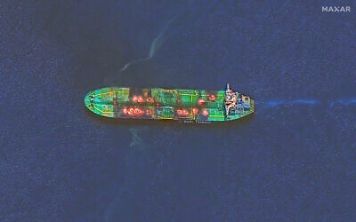 This handout satellite image taken on August 29, 2024, and released by Maxar Technologies, shows fire on the deck of the Greek-flagged oil tanker Sounion, located in the Red Sea. (Maxar Technologies / AFP)