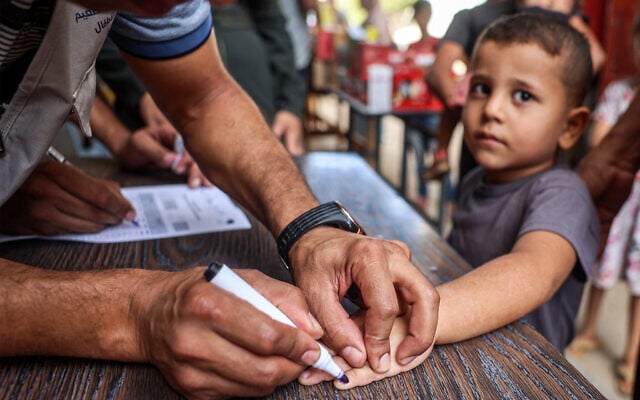 A health worker marks the finger of a child who received a vaccination for polio in Deir el-Balah in the central Gaza Strip on September 4, 2024 amid the ongoing war in the Palestinian territory between Israel and terror group Hamas. (Eyad Baba/AFP) A health worker marks the finger of a child who received a vaccination for polio in Deir el-Balah in the central Gaza Strip on September 4, 2024 amid the ongoing war in the Palestinian territory between Israel and terror group Hamas. (Eyad Baba/AFP)