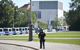 Police officers in Munich secure the area after a shooting near the Israeli consulate and the building of the Documentation Centre for the History of National Socialism on September 5, 2024. (Lukas Barth-Tuttas/AFP)