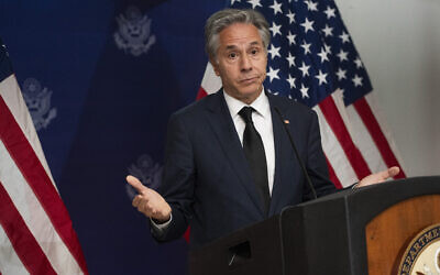 US Secretary of State Antony Blinken speaks during a press conference at the end of his one day visit to Haiti at the Toussaint Louverture International Airport in Port Au Prince on September 5, 2024. (ROBERTO SCHMIDT / POOL / AFP)