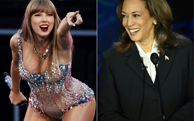 This combination of pictures created on September 10, 2024 shows (L) American singer and songwriter Taylor Swift performs on stage as part of her Eras Tour in Lisbon on May 24, 2024, and (R) US Vice President and Democratic presidential candidate Kamala Harris listens to former US president and Republican presidential candidate Donald Trump speak during a presidential debate at the National Constitution Center in Philadelphia, Pennsylvania, on September 10, 2024. (Andre Dias Nobre and Saul Loeb/AFP) This combination of pictures created on September 10, 2024 shows (L) American singer and songwriter Taylor Swift performs on stage as part of her Eras Tour in Lisbon on May 24, 2024, and (R) US Vice President and Democratic presidential candidate Kamala Harris listens to former US president and Republican presidential candidate Donald Trump speak during a presidential debate at the National Constitution Center in Philadelphia, Pennsylvania, on September 10, 2024. (Andre Dias Nobre and Saul Loeb/AFP)