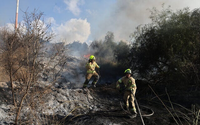 Responders put out a fire near Lod in central Israel on September 15, 2024. (Menahem KAHANA / AFP)