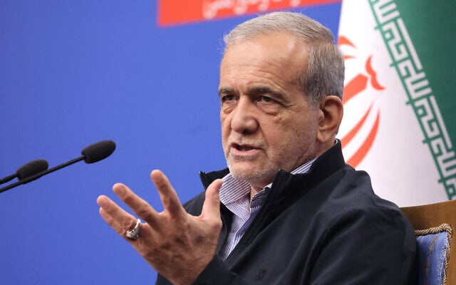 Iranian President Masoud Pezeshkian holds a press conference in Tehran, on September 16, 2024. (Atta Kenare/AFP) Iranian President Masoud Pezeshkian holds a press conference in Tehran, on September 16, 2024. (Atta Kenare/AFP)