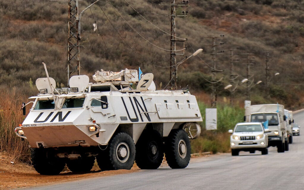 An armored personnel carrier of the United Nations Interim Force in Lebanon (UNIFIL) patrols along al-Khardali road in south Lebanon on September 17, 2024. (RABIH DAHER / AFP)