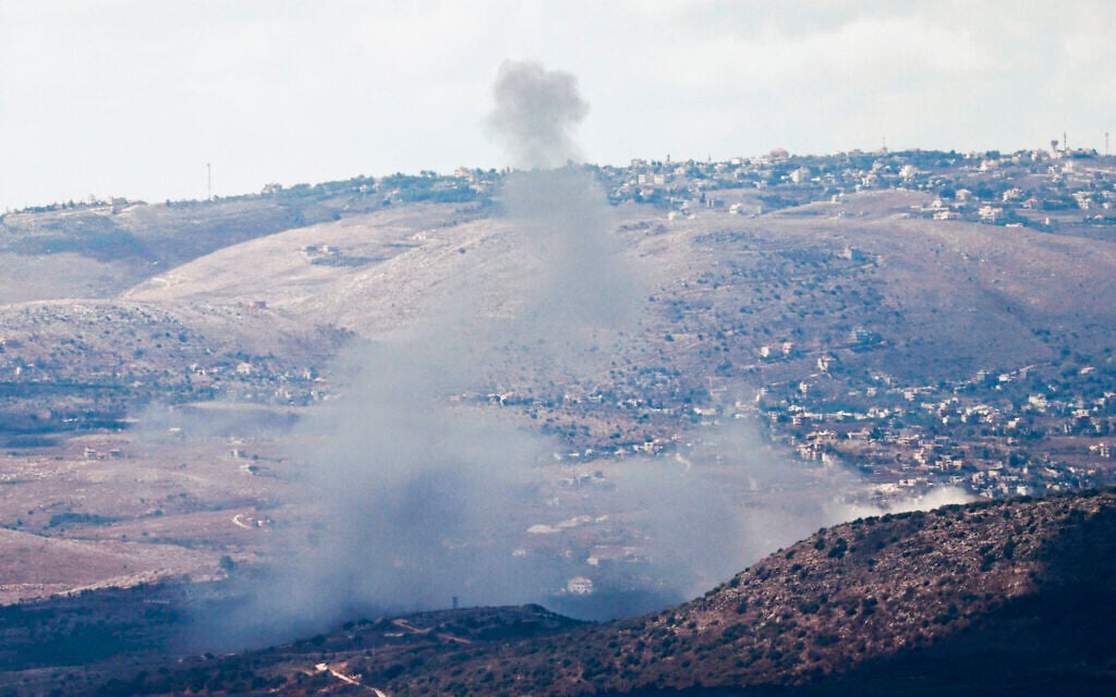 This picture taken from Israel along the border with Lebanon shows smoke billowing above the Lebanese village of Blida amid Israeli bombardment on September 17, 2024. ( Jalaa MAREY / AFP)