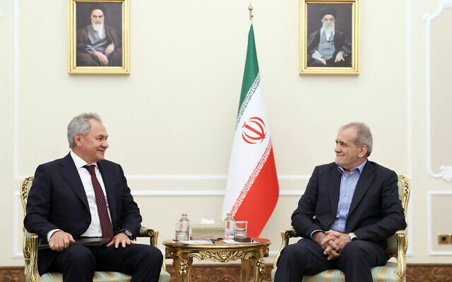 Iran's President Masoud Pezeshkian meeting with Russia's Security Council Secretary Sergei Shoigu (L) in Tehran on September 17, 2024. (Iranian Presidency / AFP) Iran's President Masoud Pezeshkian meeting with Russia's Security Council Secretary Sergei Shoigu (L) in Tehran on September 17, 2024. (Iranian Presidency / AFP)