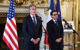 France's outgoing Foreign Minister Stephane Sejourne (R) and US Secretary of State Antony Blinken speak to the press following a meeting at the French Foreign Ministry, in Paris, on September 19, 2024. (Alain Jocard/AFP)