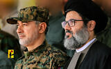 Hezbollah military commander Ibrahim Aqil (left) with senior Hezbollah official Hashem Safieddine in an undated photo released by the terror group on September 21, 2024. (Hezbollah media office)