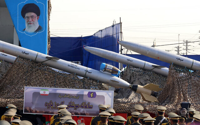 Bavar missiles are displayed during the annual military parade marking the anniversary of the outbreak of Iran's 1980-1988 war with Saddam Hussein's Iraq, in Tehran on September 21, 2024. (ATTA KENARE / AFP) Bavar missiles are displayed during the annual military parade marking the anniversary of the outbreak of Iran's 1980-1988 war with Saddam Hussein's Iraq, in Tehran on September 21, 2024. (ATTA KENARE / AFP)