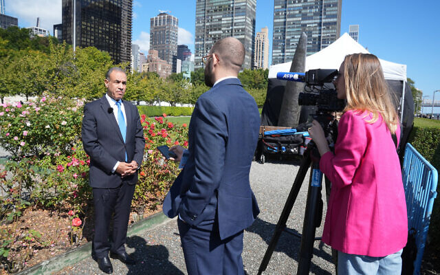 Egyptian Foreign Minister Badr Abdelatty arrives at the Rose Garden for an interview on the sidelines of the UN General Assembly at United Nations Headquarters in New York, September 22, 2024. (Bryan R. Smith/AFP)