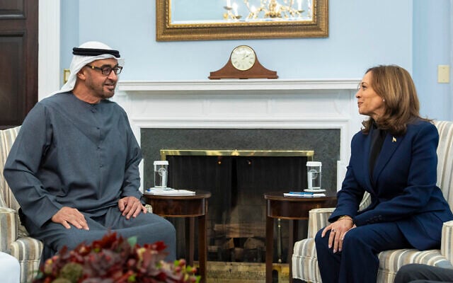 This handout picture provided by the UAE Presidential Court shows UAE President Sheikh Mohamed bin Zayed al-Nahyan being received by US Vice President and Democratic presidential nominee Kamala Harris at the White House in Washington, on September 23, 2024. (Ryan Carter/UAE Presidential Court/AFP) This handout picture provided by the UAE Presidential Court shows UAE President Sheikh Mohamed bin Zayed al-Nahyan being received by US Vice President and Democratic presidential nominee Kamala Harris at the White House in Washington, on September 23, 2024. (Ryan Carter/UAE Presidential Court/AFP)