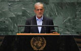 Iranian President Masoud Pezeshkian speaks during the 79th Session of the United Nations General Assembly at the United Nations headquarters in New York City on September 24, 2024. (Charly Triballeau/AFP)