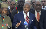 New York City Mayor Eric Adams talks to the press outside Gracie Mansion, the official residence of the mayor of New York City, on September 26, 2024, after he was indicted on federal criminal charges. (Timothy A. Clary/Pool/AFP)