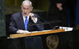 Prime Minister Benjamin Netanyahu addresses the 78th session of the United Nations General Assembly, September 22, 2023 at United Nations headquarters. (AP Photo/Mary Altaffer)