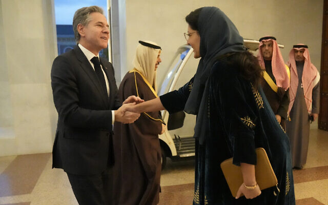 US Secretary of State Antony Blinken, left, is greeted by Saudi Arabia's Ambassador to the US, Princess Reema bint Bandar Al Saud, in Riyadh, Saudi Arabia, February 5, 2024. (AP Photo/Mark Schiefelbein, Pool) US Secretary of State Antony Blinken, left, is greeted by Saudi Arabia's Ambassador to the US, Princess Reema bint Bandar Al Saud, in Riyadh, Saudi Arabia, February 5, 2024. (AP Photo/Mark Schiefelbein, Pool)