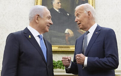 US President Joe Biden, right, meets with Prime Minister Benjamin Netanyahu in the Oval Office of the White House in Washington, DC, July 25, 2024. (AP/Susan Walsh)