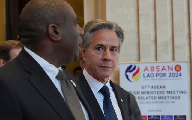 US Secretary of State Antony Blinken, right, walks with British Foreign Secretary David Lammy during ASEAN Foreign Ministers Meeting (AMM) in Vientiane, Laos, Saturday, July 27, 2024. (AP Photo/Achmad Ibrahim, Pool) US Secretary of State Antony Blinken, right, walks with British Foreign Secretary David Lammy during ASEAN Foreign Ministers Meeting (AMM) in Vientiane, Laos, Saturday, July 27, 2024. (AP Photo/Achmad Ibrahim, Pool)
