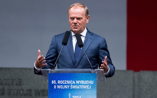 Poland's Prime Minister Donald Tusk attends solemn ceremonies at the monument to the 1939 heroic defense of the Westerplatte peninsula to mark the 85th anniversary of the outbreak of World War II, at Westerplatte, on the Baltic Sea, Poland, September 1, 2024. (Wojciech Strozyk/AP) Poland's Prime Minister Donald Tusk attends solemn ceremonies at the monument to the 1939 heroic defense of the Westerplatte peninsula to mark the 85th anniversary of the outbreak of World War II, at Westerplatte, on the Baltic Sea, Poland, September 1, 2024. (Wojciech Strozyk/AP)