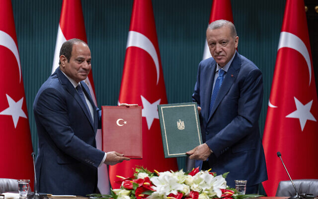 Turkish President Recep Tayyip Erdogan, right, and Egyptian President Abdel Fattah el-Sissi pose for the media during a bilateral signature agreements ceremony at the Presidential palace in Ankara, Wednesday, Sept. 4, 2024. (AP Photo/Francisco Seco) Turkish President Recep Tayyip Erdogan, right, and Egyptian President Abdel Fattah el-Sissi pose for the media during a bilateral signature agreements ceremony at the Presidential palace in Ankara, Wednesday, Sept. 4, 2024. (AP Photo/Francisco Seco)
