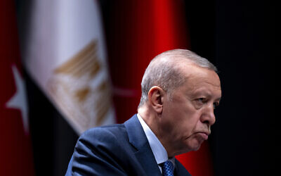 Turkish President Recep Tayyip Erdogan speaks at the presidential palace in Ankara, Turkey, on September 4, 2024. (AP/ Francisco Seco)