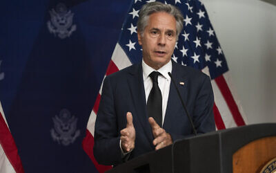 US Secretary of State Antony Blinken gives a press conference at the end of his one-day visit to Haiti, at the Toussaint Louverture International Airport in Port-au-Prince, Haiti, Sept. 5, 2024. (Roberto Schmidt/Pool photo via AP)