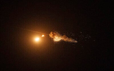 Ukrainian air defense intercepts a Shahed drone mid-air during a Russia aerial attack on the capital in Kyiv, Ukraine, September 7, 2024. (Evgeniy Maloletka/AP)