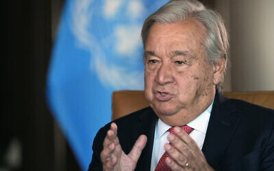 United Nations Secretary-General Antonio Guterres speaks during an interview at the United Nations headquarters, September 9, 2024. (Pamela Smith/AP)