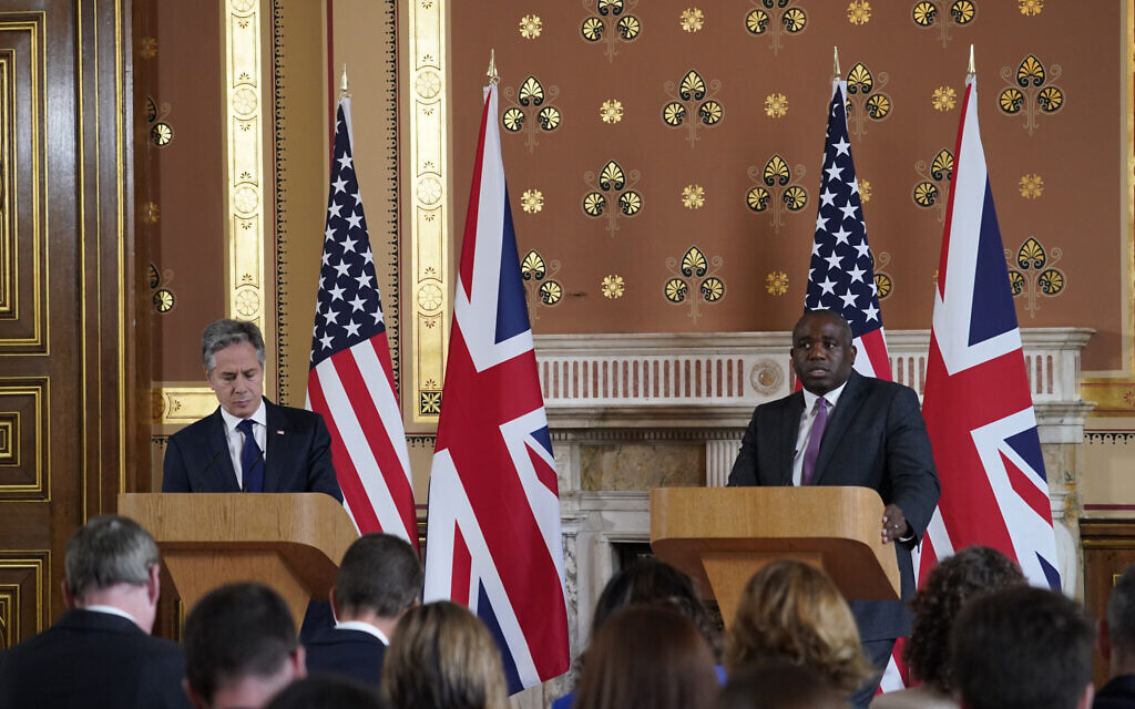 US Secretary of State Antony Blinken, left, listens to Britain's Foreign Secretary David Lammy during a joint press conference in the Locarno room at the Foreign, Commonwealth and Development Office (FCDO) in London, Tuesday, September 10, 2024. (AP Photo/Alberto Pezzali, Pool)