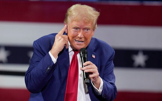 US presidential candidate Donald Trump speaks during a town hall event at the Dort Financial Center in Flint, Michigan,
September 17, 2024. (AP Photo/Paul Sancya) US presidential candidate Donald Trump speaks during a town hall event at the Dort Financial Center in Flint, Michigan,
September 17, 2024. (AP Photo/Paul Sancya)