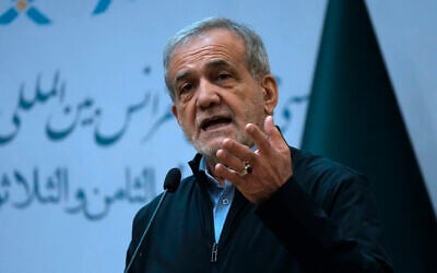 Iranian President Masoud Pezeshkian speaks during the 38th International Islamic Unity Conference in Tehran, Iran, on September 19, 2024. (AP Photo/Vahid Salemi)