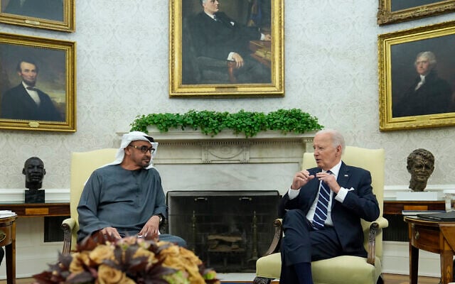 US President Joe Biden, right, and United Arab Emirates President Sheikh Mohammed bin Zayed Al Nahyan, left, meet in the Oval Office of the White House in Washington, September 23, 2024. (AP Photo/Susan Walsh) US President Joe Biden, right, and United Arab Emirates President Sheikh Mohammed bin Zayed Al Nahyan, left, meet in the Oval Office of the White House in Washington, September 23, 2024. (AP Photo/Susan Walsh)