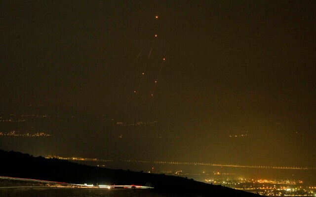 The Iron Dome air defense system fires interceptors at rockets that were launched from Lebanon, September 23, 2024. (AP Photo/Leo Correa)