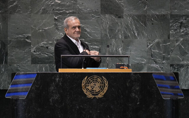 Iran's President Masoud Pezeshkian addresses the the Summit of the Future at United Nations headquarters, Sept. 23, 2024. (AP Photo/Seth Wenig) Iran's President Masoud Pezeshkian addresses the the Summit of the Future at United Nations headquarters, Sept. 23, 2024. (AP Photo/Seth Wenig)