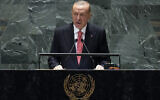 Turkey's President Recep Tayyip Erdogan addresses the 79th session of the United Nations General Assembly, September 24, 2024. (AP Photo/Richard Drew)