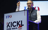 Head of the Freedom Party (FPOE) Herbert Kickl gestures during his speech at a final election campaign event at St. Stephen's square in Vienna, Austria, Friday, September 27, 2024, ahead of the country's national election two days later. (AP Photo/Heinz-Peter Bader)