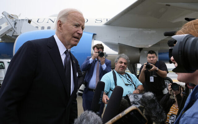 US President Joe Biden speaks the the media after stepping off Air Force One at Dover Air Force Base in Delaware, Sept. 27, 2024, to spend the weekend at his beach home in Rehoboth Beach, Delaware. (AP Photo/Susan Walsh) US President Joe Biden speaks the the media after stepping off Air Force One at Dover Air Force Base in Delaware, Sept. 27, 2024, to spend the weekend at his beach home in Rehoboth Beach, Delaware. (AP Photo/Susan Walsh)