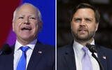 This combination of photos shows Democratic vice presidential candidate Minnesota Gov. Tim Walz, left, at the DNC on August 21, 2024, in Chicago, and Republican vice presidential nominee Sen. JD Vance, an Ohio Republican, on September 25, 2024, in Traverse City, Michigan. (AP Photo)