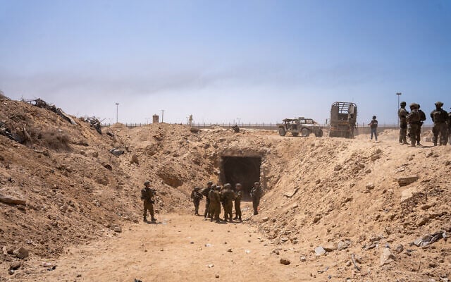 A large Hamas tunnel found along the Philadelphi Corridor in southern Gaza's Rafah, September 12, 2024. (Emanuel Fabian/Times of Israel)