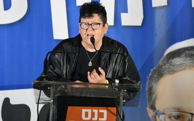 Far-right anti-migrant activist Sheffi Paz speaks during an election campaign event of Itamar Ben Gvir's Otzma Yehudit party in Holon, on March 20, 2021 (Gili Yaari/Flash90) Far-right anti-migrant activist Sheffi Paz speaks during an election campaign event of Itamar Ben Gvir's Otzma Yehudit party in Holon, on March 20, 2021 (Gili Yaari/Flash90)