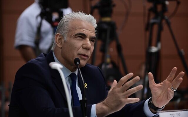Opposition Leader Yair Lapid attends a hearing of the civil investigative committee on the October 7 massacre, in Tel Aviv, August 29, 2024. (Tomer Neuberg/Flash90)