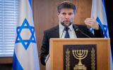 Finance Minister Bezalel Smotrich speaks during a press conference at the Finance Ministry in Jerusalem, September 3, 2024. (Chaim Goldberg/Flash90)