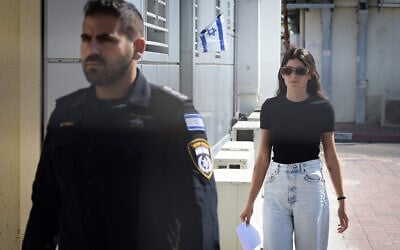 Noa Goldenberg, suspected of throwing sand at National Security Minister Itamar Ben Gvir on the beach in Tel Aviv, is seen after a police investigation in Tel Aviv, September 8, 2024. (Avshalom Sassoni/Flash90)