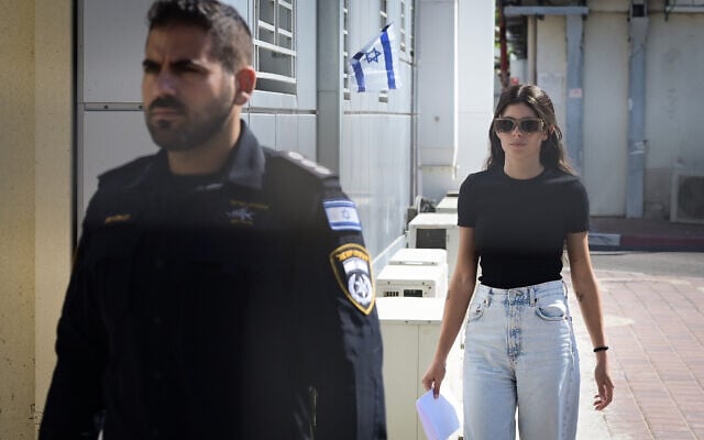 Noa Goldenberg, suspected of throwing sand at National Security Minister Itamar Ben Gvir on the beach in Tel Aviv, is seen after a police investigation in Tel Aviv, September 8, 2024. (Avshalom Sassoni/Flash90)