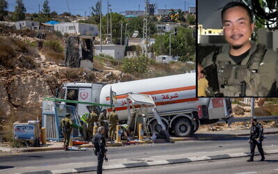 The scene of a vehicle-ramming attack near the West Bank settlement of Givat Assaf on September 11, 2024. Inset:  Staff Sgt. Geri Gideon Hanghal, who was killed in the attack. (Chaim Goldberg/Flash90; Israel Defense Forces)
