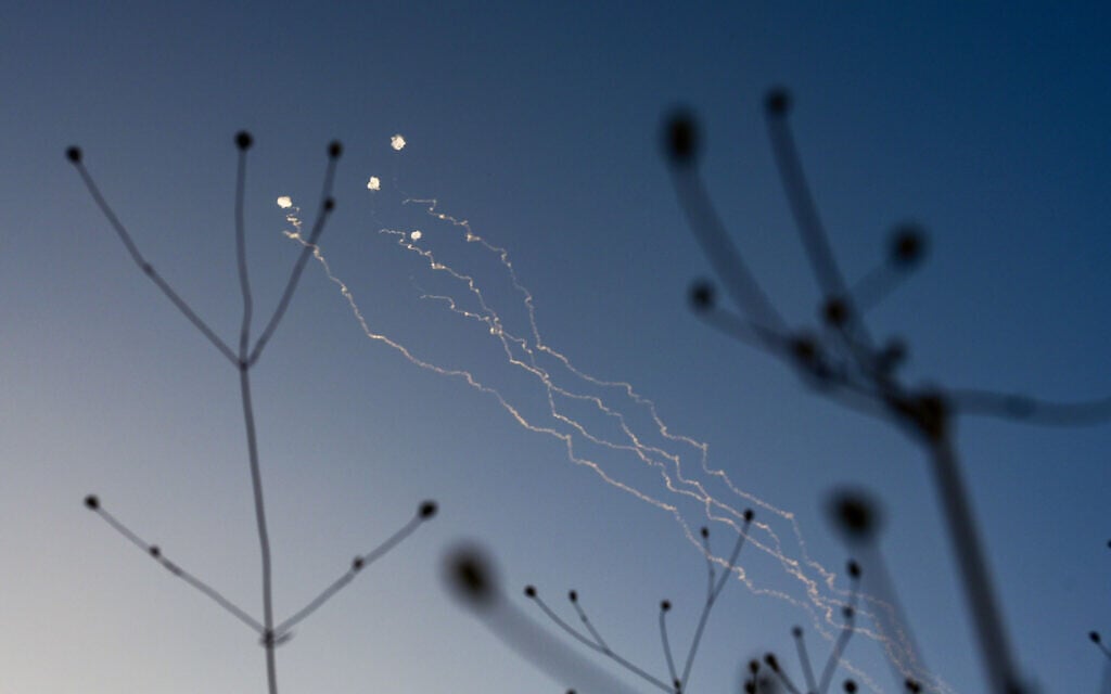An Israeli anti missile system intercepts missiles fired from Lebanon as seen from the northern Israeli city of Katzrin, on September 24, 2024. (Michael Giladi/Flash90)